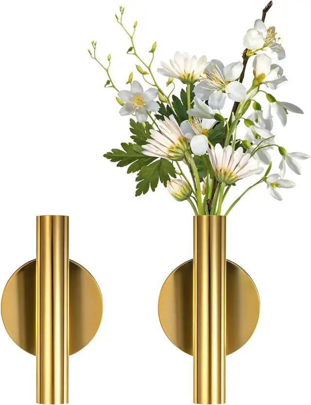 Main image of 2 PCS Wall Vases for Flowers, Gold Flower Vase Metal Hanging Plant Holder Small Gold Vase Flowers Tube Wall Planter Hanging Vase for Modern Home Decor Display Dried Faux Flower Fake Flower