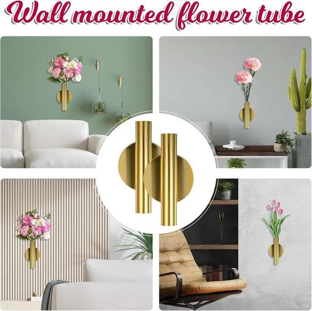 Alt view image 6 of 7 - 2 PCS Wall Vases for Flowers, Gold Flower Vase Metal Hanging Plant Holder Small Gold Vase Flowers Tube Wall Planter Hanging Vase for Modern Home Decor Display Dried Faux Flower Fake Flower