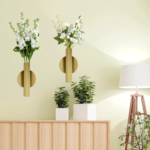 Alt view image 7 of 7 - 2 PCS Wall Vases for Flowers, Gold Flower Vase Metal Hanging Plant Holder Small Gold Vase Flowers Tube Wall Planter Hanging Vase for Modern Home Decor Display Dried Faux Flower Fake Flower