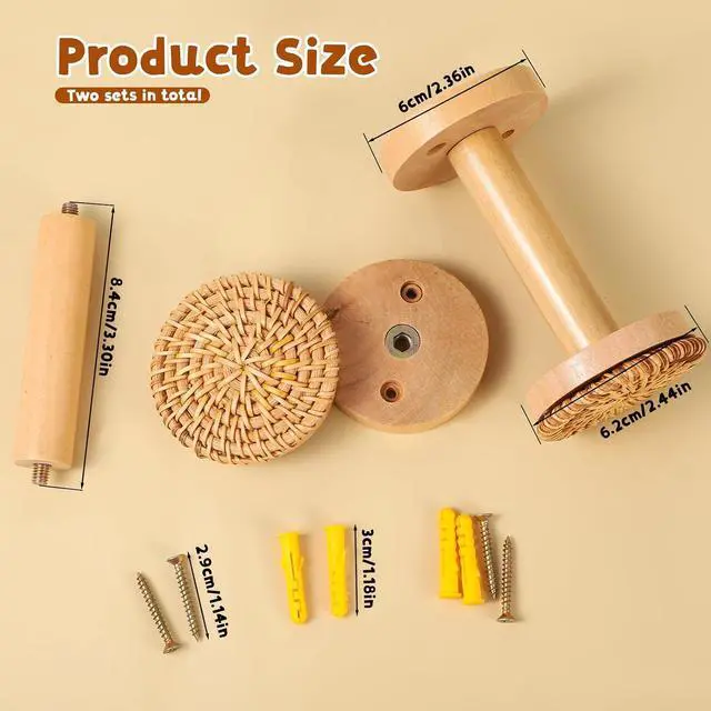 Alt view image 2 of 7 - 2 Pieces Rattan Curtain Tiebacks Boho Wood Curtain Holdbacks Wall Rattan Tiebacks Hooks for Curtains with Screws for Home, Office, Bedroom, Living Room