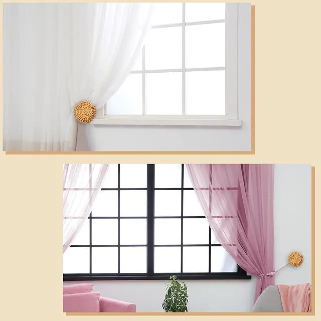 Alt view image 3 of 7 - 2 Pieces Rattan Curtain Tiebacks Boho Wood Curtain Holdbacks Wall Rattan Tiebacks Hooks for Curtains with Screws for Home, Office, Bedroom, Living Room