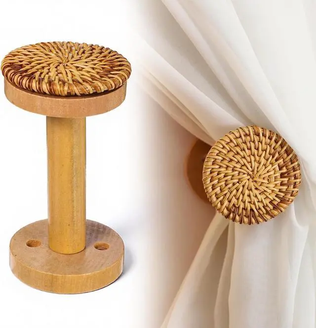 Main image of 2 Pieces Rattan Curtain Tiebacks Boho Wood Curtain Holdbacks Wall Rattan Tiebacks Hooks for Curtains with Screws for Home, Office, Bedroom, Living Room