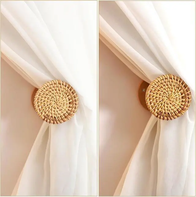 Alt view image 6 of 7 - 2 Pieces Rattan Curtain Tiebacks Boho Wood Curtain Holdbacks Wall Rattan Tiebacks Hooks for Curtains with Screws for Home, Office, Bedroom, Living Room