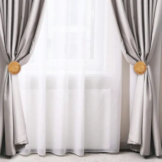 Alt view image 7 of 7 - 2 Pieces Rattan Curtain Tiebacks Boho Wood Curtain Holdbacks Wall Rattan Tiebacks Hooks for Curtains with Screws for Home, Office, Bedroom, Living Room