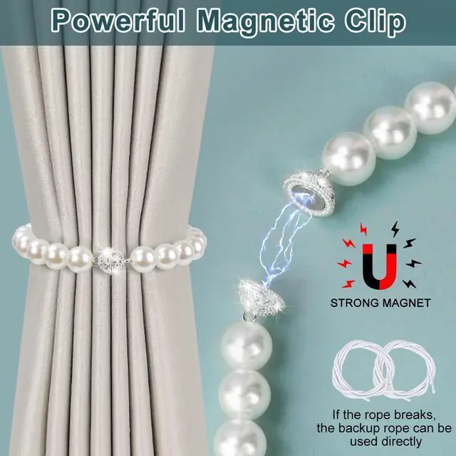 Alt view image 2 of 7 - AULEEP Magnetic Curtain Tiebacks Holdbacks Pearl Curtain Holders 2 Pack