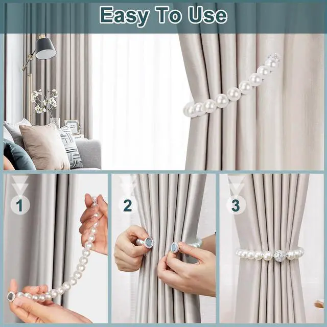 Alt view image 5 of 7 - AULEEP Magnetic Curtain Tiebacks Holdbacks Pearl Curtain Holders 2 Pack