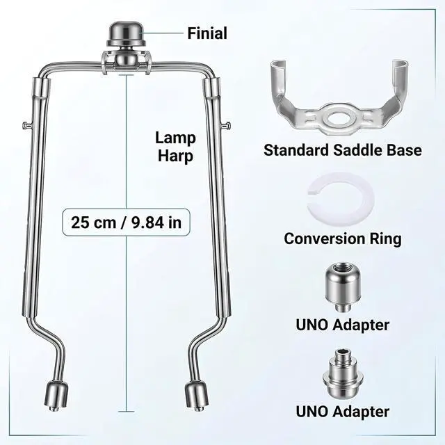 Alt view image 2 of 7 - Lamp Shade Holder 7 8 9 10 Inches Adjustable Lamp Harp with Finial Fit Both Standard Lamps Rod and E14 E26 E27 Light Base Silver Bracket Accessories Stainless Steel