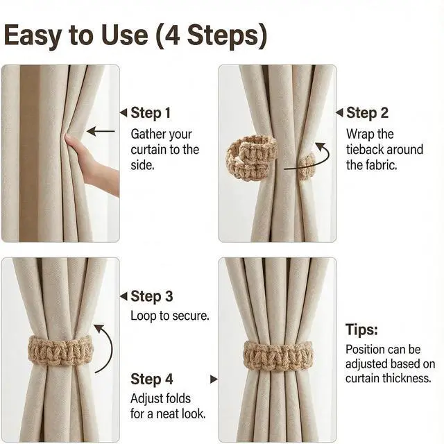Alt view image 4 of 6 - 4 Pack Woven Curtain Tiebacks, Handmade Braided Rope Curtain Holdbacks, Boho Farmhouse Rustic Curtain Holders for Bedroom Living Room Office, Neutral Curtain Decor Accessories