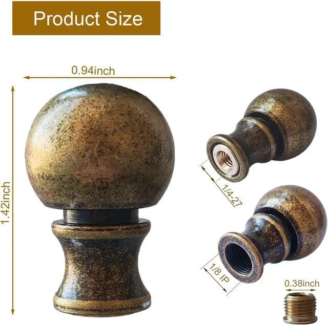 Alt view image 2 of 5 - Lamp Finials 2 Pack, 1/4-27 Thread Antique Brass