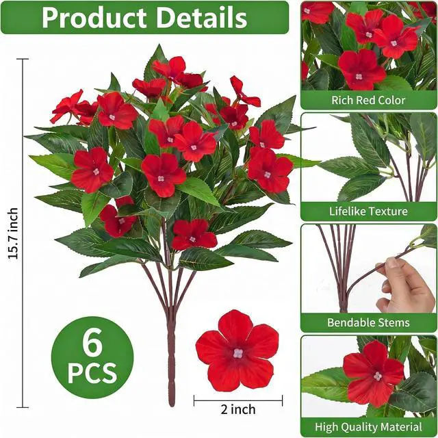 Alt view image 2 of 6 - Roberly 6 Pcs Artificial Catharanthus Roseus Flowers for Outdoors, Red