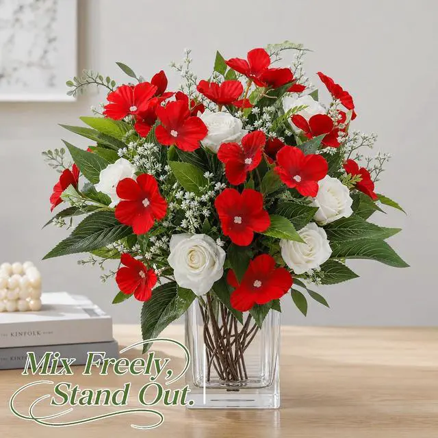Alt view image 4 of 6 - Roberly 6 Pcs Artificial Catharanthus Roseus Flowers for Outdoors, Red
