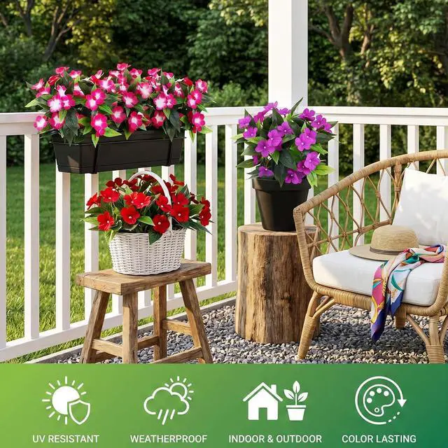Alt view image 3 of 6 - Roberly 6 Pcs Artificial Catharanthus Roseus Flowers for Outdoors, Red