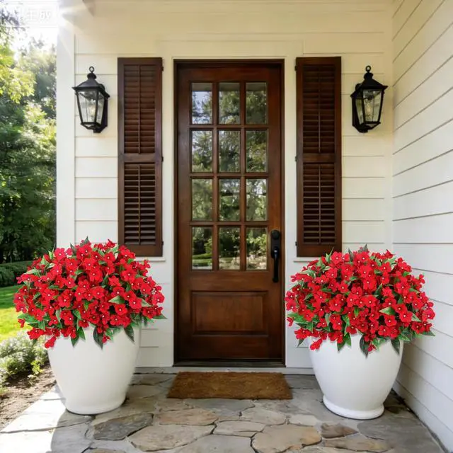 Alt view image 5 of 6 - Roberly 6 Pcs Artificial Catharanthus Roseus Flowers for Outdoors, Red