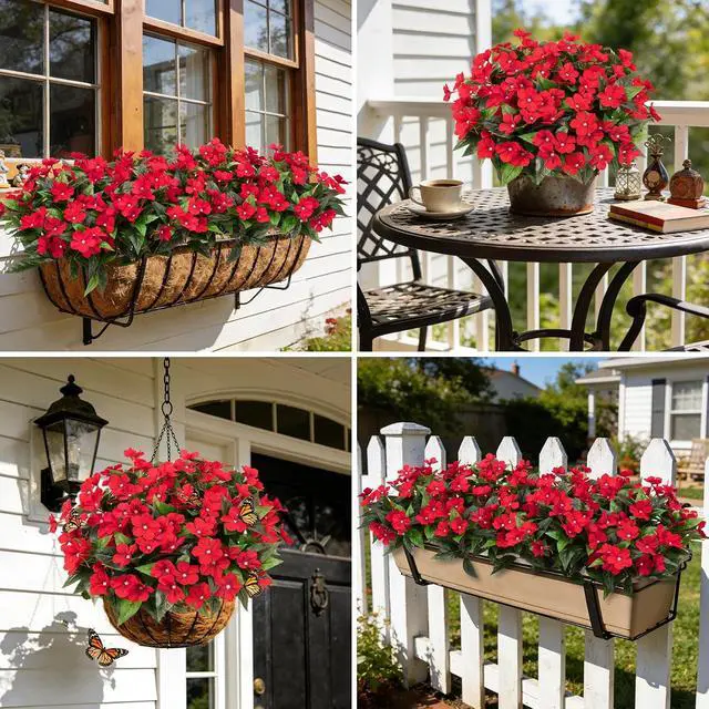 Alt view image 6 of 6 - Roberly 6 Pcs Artificial Catharanthus Roseus Flowers for Outdoors, Red