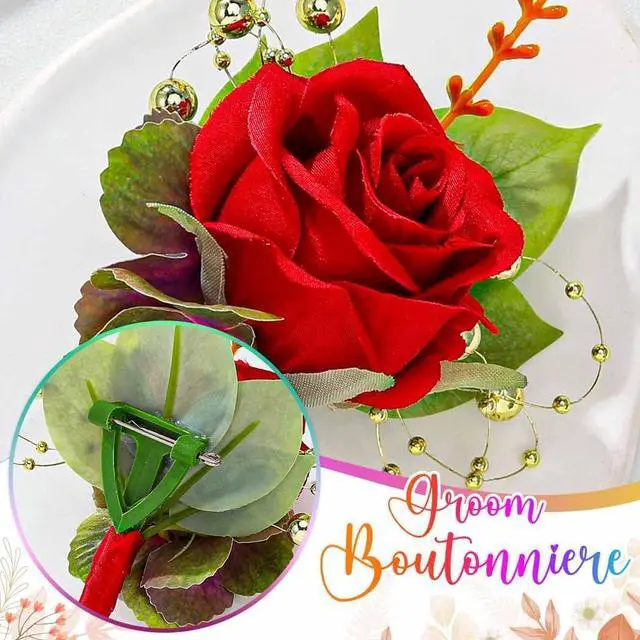 Alt view image 4 of 7 - Wedding Flower Boutonniere Groom Rose Buttonholes Prom Suit Decoration for Men (Red)