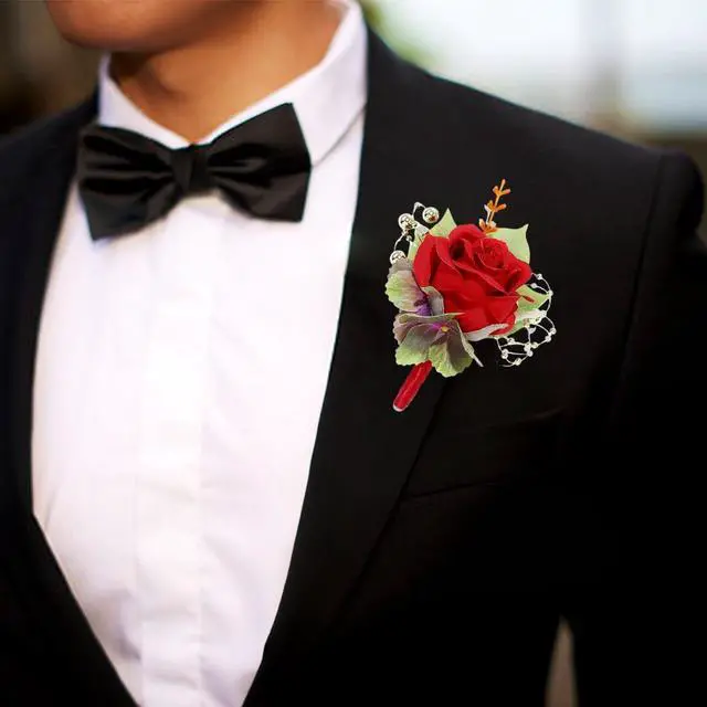 Alt view image 5 of 7 - Wedding Flower Boutonniere Groom Rose Buttonholes Prom Suit Decoration for Men (Red)