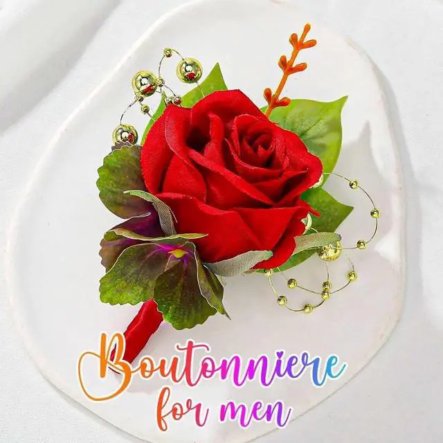 Alt view image 6 of 7 - Wedding Flower Boutonniere Groom Rose Buttonholes Prom Suit Decoration for Men (Red)
