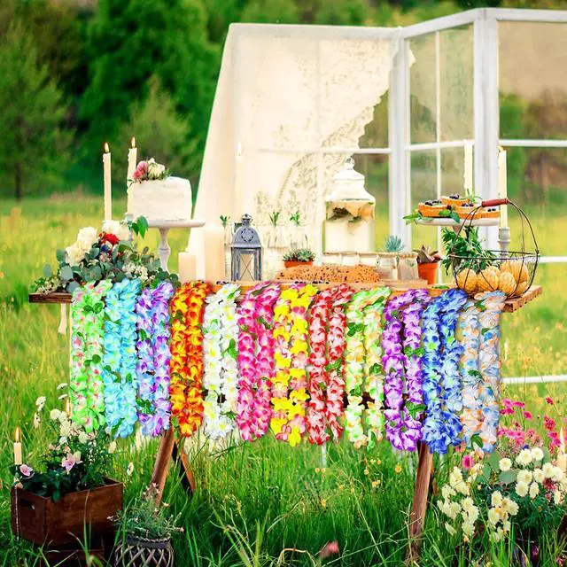 Alt view image 2 of 7 - 12 Counts Hawaiian Leis for Luau Party Supplies, Tropical Flower Lei Decorations, Premium Artificial Leis for Wedding, Graduation, Beach & Birthday Party Favors