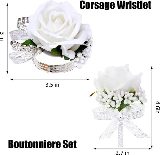Alt view image 2 of 6 - 2Pcs White Rose Corsage and Boutonniere Set, Corsage Wristlet Band for Prom Decorations, Artificial Boutonniere for Men Wedding Party Suit Flower Accessories