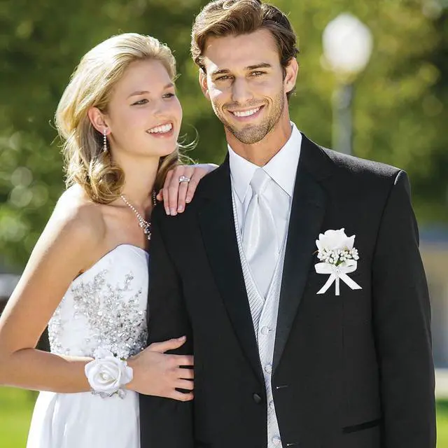 Alt view image 5 of 6 - 2Pcs White Rose Corsage and Boutonniere Set, Corsage Wristlet Band for Prom Decorations, Artificial Boutonniere for Men Wedding Party Suit Flower Accessories
