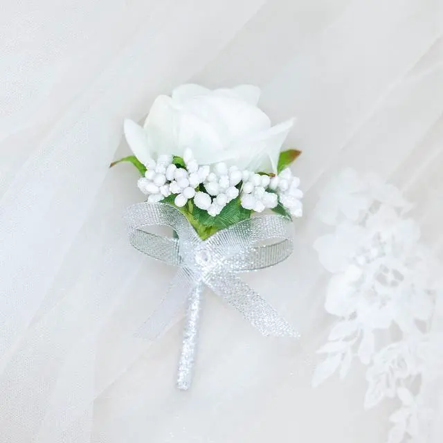 Alt view image 3 of 6 - 2Pcs White Rose Corsage and Boutonniere Set, Corsage Wristlet Band for Prom Decorations, Artificial Boutonniere for Men Wedding Party Suit Flower Accessories