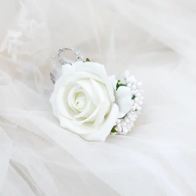 Alt view image 4 of 6 - 2Pcs White Rose Corsage and Boutonniere Set, Corsage Wristlet Band for Prom Decorations, Artificial Boutonniere for Men Wedding Party Suit Flower Accessories