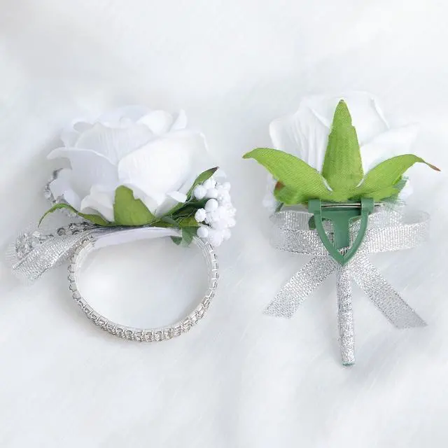 Alt view image 6 of 6 - 2Pcs White Rose Corsage and Boutonniere Set, Corsage Wristlet Band for Prom Decorations, Artificial Boutonniere for Men Wedding Party Suit Flower Accessories