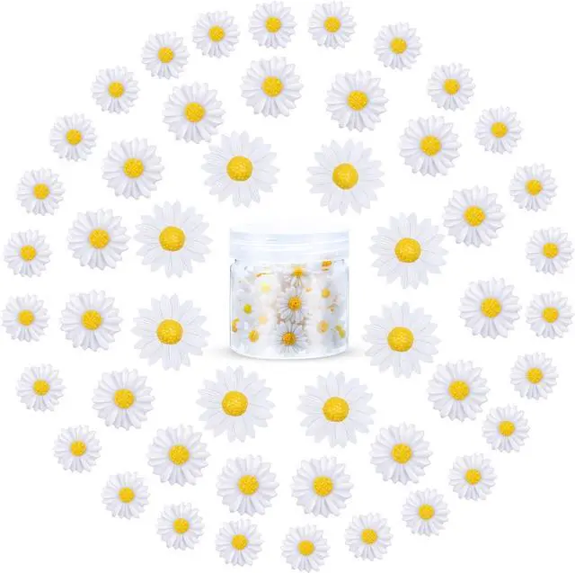 Main image of Hicarer 50 Pcs Flatback Daisy Flowers Charms, 3 Sizes, White and Yellow