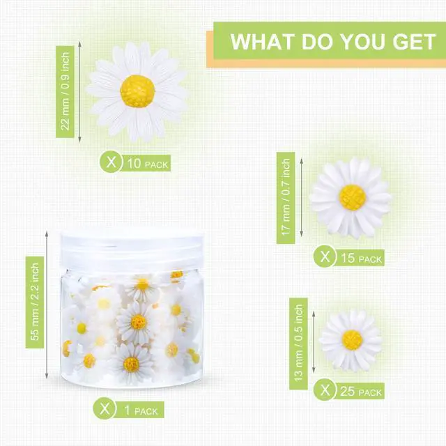 Alt view image 2 of 6 - Hicarer 50 Pcs Flatback Daisy Flowers Charms, 3 Sizes, White and Yellow