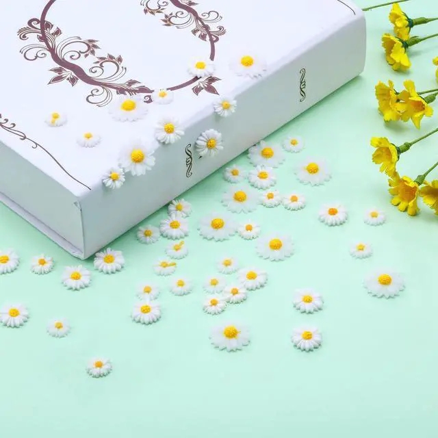 Alt view image 4 of 6 - Hicarer 50 Pcs Flatback Daisy Flowers Charms, 3 Sizes, White and Yellow