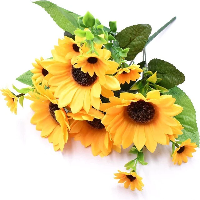 Main image of Aliotech Beautiful Yellow Sunflowers Artificial Flowers Mini Fake Sunflowers Bouquet with Stems for Home Decoration Party DIY Wedding Bouquets Baby Shower Outdoor Indoor Decoration