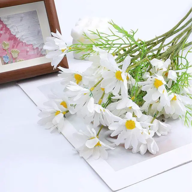 Alt view image 3 of 7 - Artificial White Daisy Flowers, 6 Bundles 21 UV Resistant Outdoor Silk Daisies Flowers with Stems and Leaves Faux Greenery Shrubs Plants Arrangements for Home Garden Vase Decor