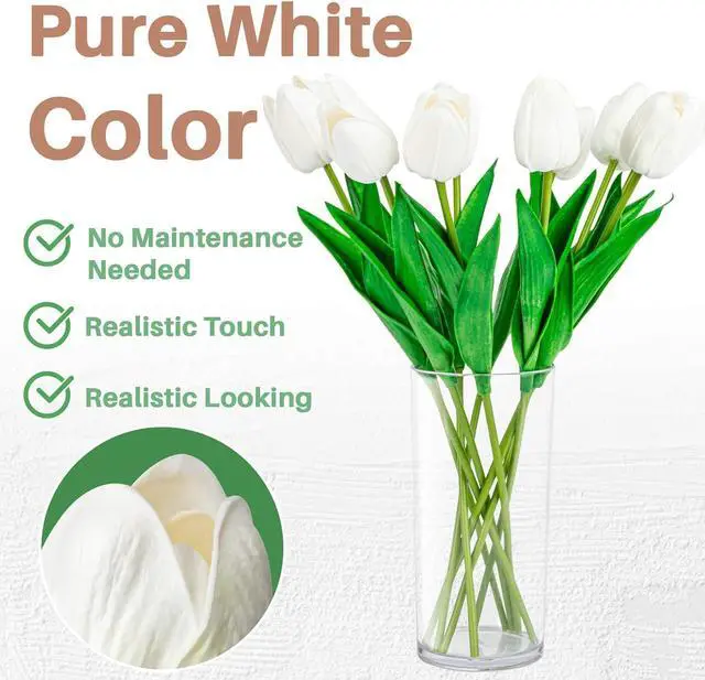 Alt view image 3 of 7 - MAQIHAN 10 White Tulips Artificial Flowers - Fake White Tulips Real Touch Flowers Artificial Tulips that Look Real Realistic Faux Plastic Flowers Bouquet Arrangements for Home Dining Table Decoration