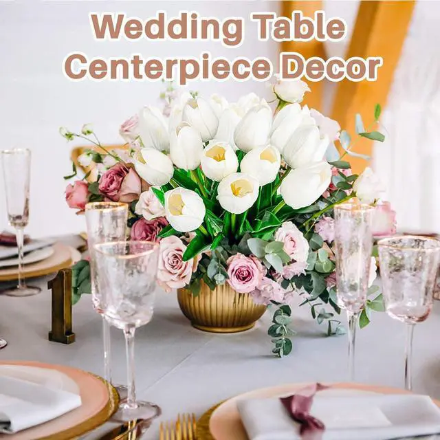 Alt view image 4 of 7 - MAQIHAN 10 White Tulips Artificial Flowers - Fake White Tulips Real Touch Flowers Artificial Tulips that Look Real Realistic Faux Plastic Flowers Bouquet Arrangements for Home Dining Table Decoration