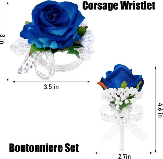 Alt view image 2 of 6 - 2Pcs Blue Rose Corsage and Boutonniere Set, Corsage Wristlet Band for Prom Suit Decorations, Artificial Boutonniere for Men Wedding Party Flower Accessories