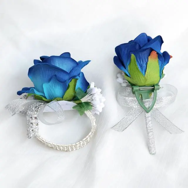 Alt view image 6 of 6 - 2Pcs Blue Rose Corsage and Boutonniere Set, Corsage Wristlet Band for Prom Suit Decorations, Artificial Boutonniere for Men Wedding Party Flower Accessories