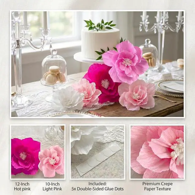 Alt view image 4 of 6 - ANSOMO Pink Paper Flowers, Hot Light Pink White, 3D Wall Decor