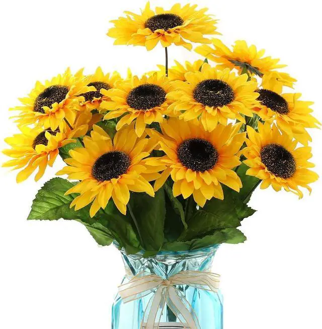 Main image of DerBlue 15.74'' Artificial Sunflowers Bouquet with 14 Heads(Two Different Diameter of Flowers) and 40 Leaves Fake Silk Sunflowers Bouquet for Home Office Parties and Wedding Decoration