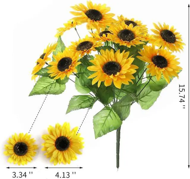 Alt view image 3 of 7 - DerBlue 15.74'' Artificial Sunflowers Bouquet with 14 Heads(Two Different Diameter of Flowers) and 40 Leaves Fake Silk Sunflowers Bouquet for Home Office Parties and Wedding Decoration