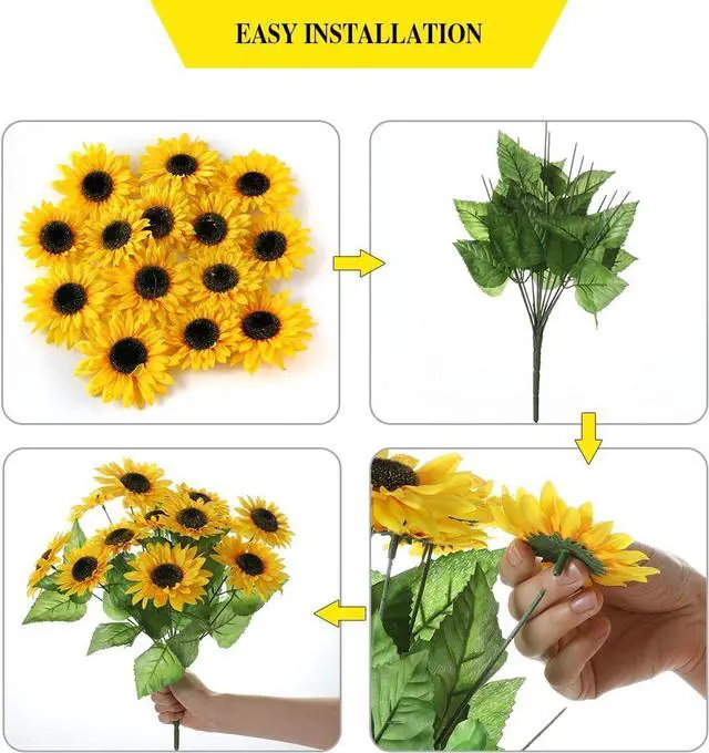 Alt view image 5 of 7 - DerBlue 15.74'' Artificial Sunflowers Bouquet with 14 Heads(Two Different Diameter of Flowers) and 40 Leaves Fake Silk Sunflowers Bouquet for Home Office Parties and Wedding Decoration