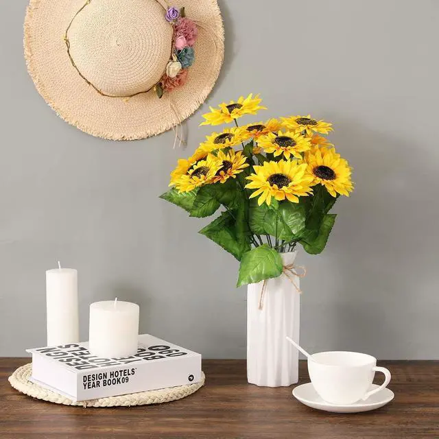 Alt view image 7 of 7 - DerBlue 15.74'' Artificial Sunflowers Bouquet with 14 Heads(Two Different Diameter of Flowers) and 40 Leaves Fake Silk Sunflowers Bouquet for Home Office Parties and Wedding Decoration