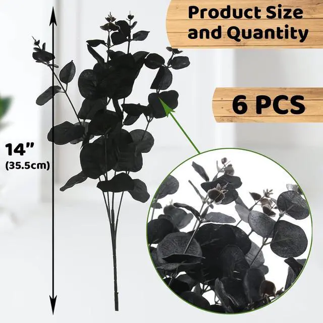 Alt view image 2 of 7 - Hananona 6 Pcs Artificial Black Eucalyptus Stems, 14" Eucalyptus Leaves Branches Bouquet for Flower Arrangement DIY, Black Silk Flowers for Home Halloween Farmhouse Decor (Black, 6)