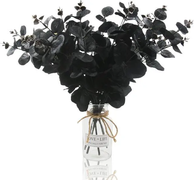 Main image of Hananona 6 Pcs Artificial Black Eucalyptus Stems, 14" Eucalyptus Leaves Branches Bouquet for Flower Arrangement DIY, Black Silk Flowers for Home Halloween Farmhouse Decor (Black, 6)