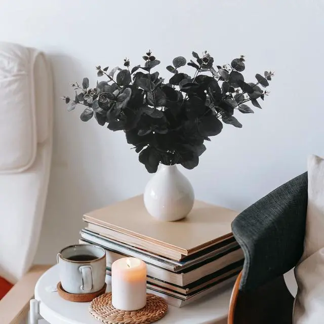 Alt view image 5 of 7 - Hananona 6 Pcs Artificial Black Eucalyptus Stems, 14" Eucalyptus Leaves Branches Bouquet for Flower Arrangement DIY, Black Silk Flowers for Home Halloween Farmhouse Decor (Black, 6)