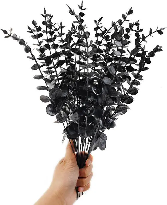 Alt view image 4 of 6 - TIHOOD 14PCS 15 Black Eucalyptus Stems Artificial Eucalyptus Leaves Branches Fake Eucalyptuses Decor Faux Eucalyptus leaf Stem for Halloween Autumn Fall Floral Arrangement Wedding Bouquet Home Office