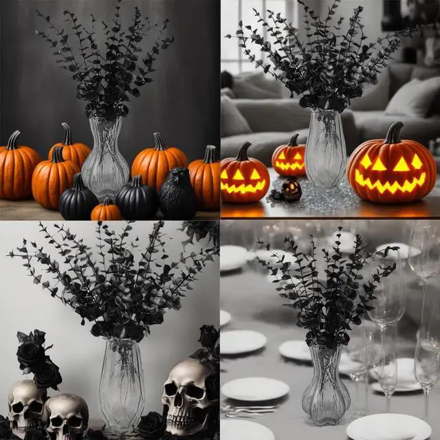 Alt view image 6 of 6 - TIHOOD 14PCS 15 Black Eucalyptus Stems Artificial Eucalyptus Leaves Branches Fake Eucalyptuses Decor Faux Eucalyptus leaf Stem for Halloween Autumn Fall Floral Arrangement Wedding Bouquet Home Office