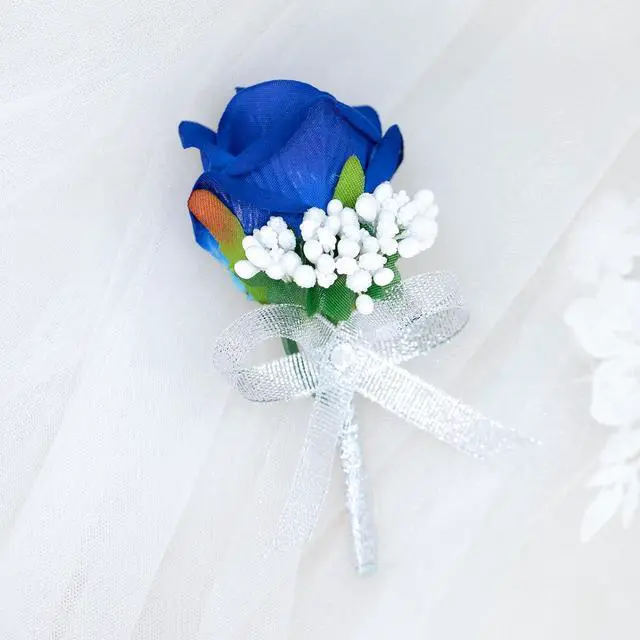 Alt view image 3 of 6 - 2Pcs Blue Rose Corsage and Boutonniere Set, Corsage Wristlet Band for Prom Suit Decorations, Artificial Boutonniere for Men Wedding Party Flower Accessories