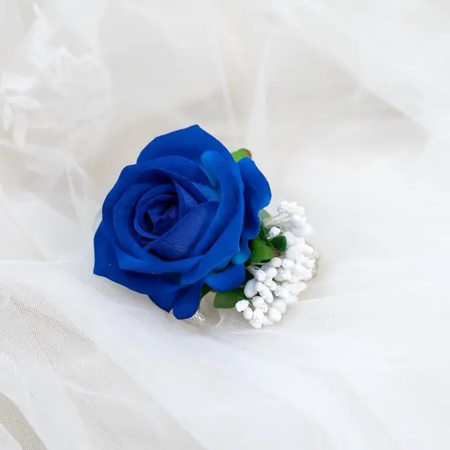 Alt view image 4 of 6 - 2Pcs Blue Rose Corsage and Boutonniere Set, Corsage Wristlet Band for Prom Suit Decorations, Artificial Boutonniere for Men Wedding Party Flower Accessories