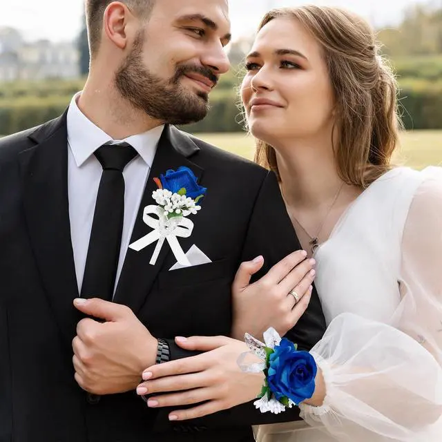 Alt view image 5 of 6 - 2Pcs Blue Rose Corsage and Boutonniere Set, Corsage Wristlet Band for Prom Suit Decorations, Artificial Boutonniere for Men Wedding Party Flower Accessories