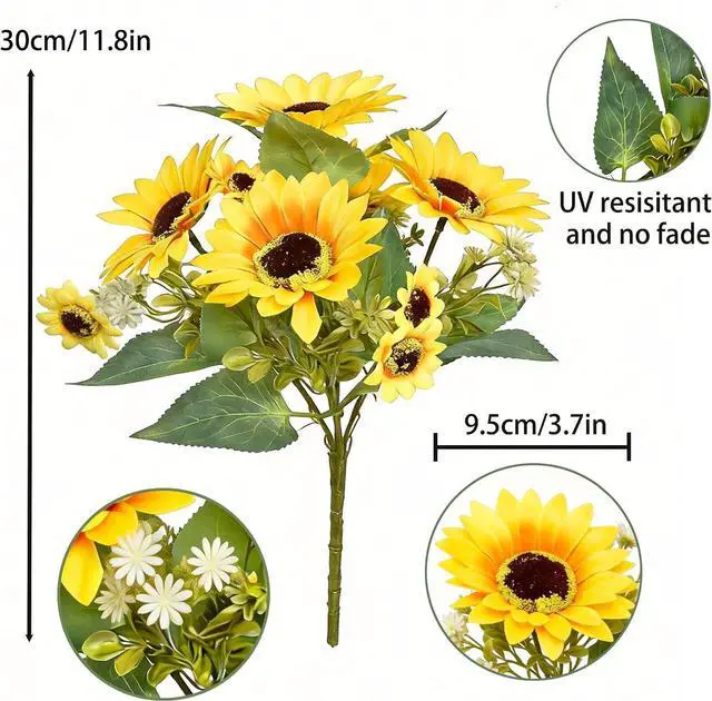 Alt view image 2 of 7 - 2 Pack 12Artificial Sunflower Bouquets Faux Sunflower Stems with 5 Large Sunflower Heads, 6 Small Daisies & Green Leaves, Fake Flowers for DIY Home Office & Farmhouse Décor